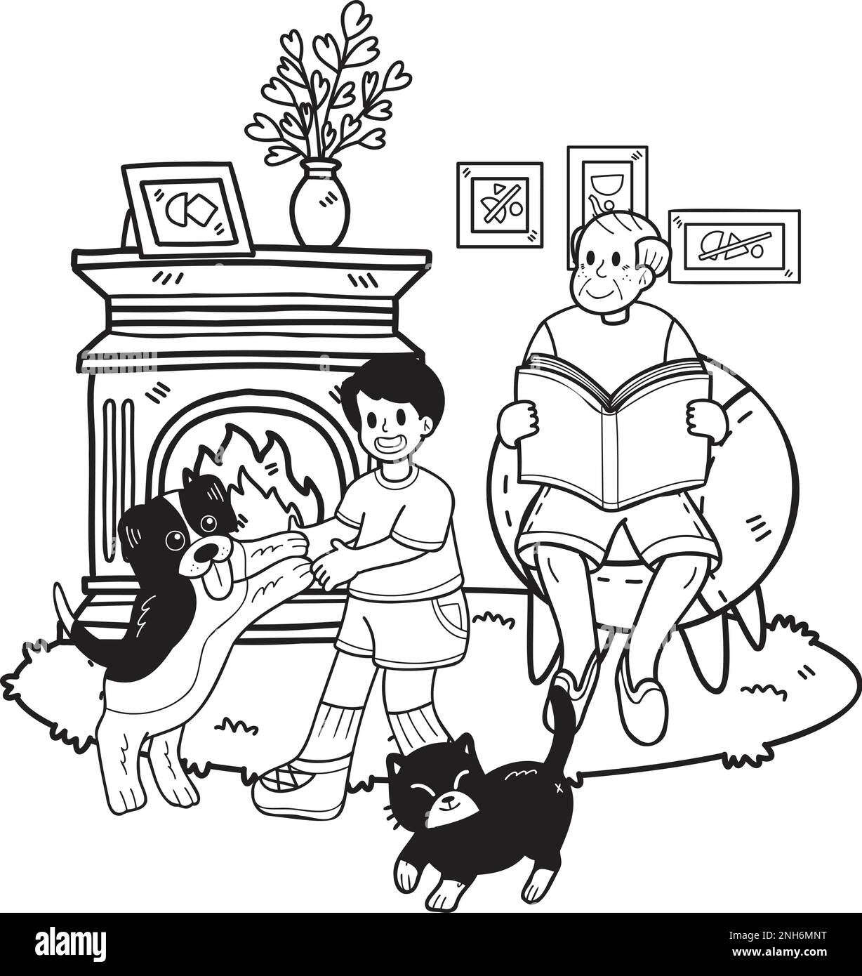 Hand Drawn Elderly reading books with dogs and cats illustration in