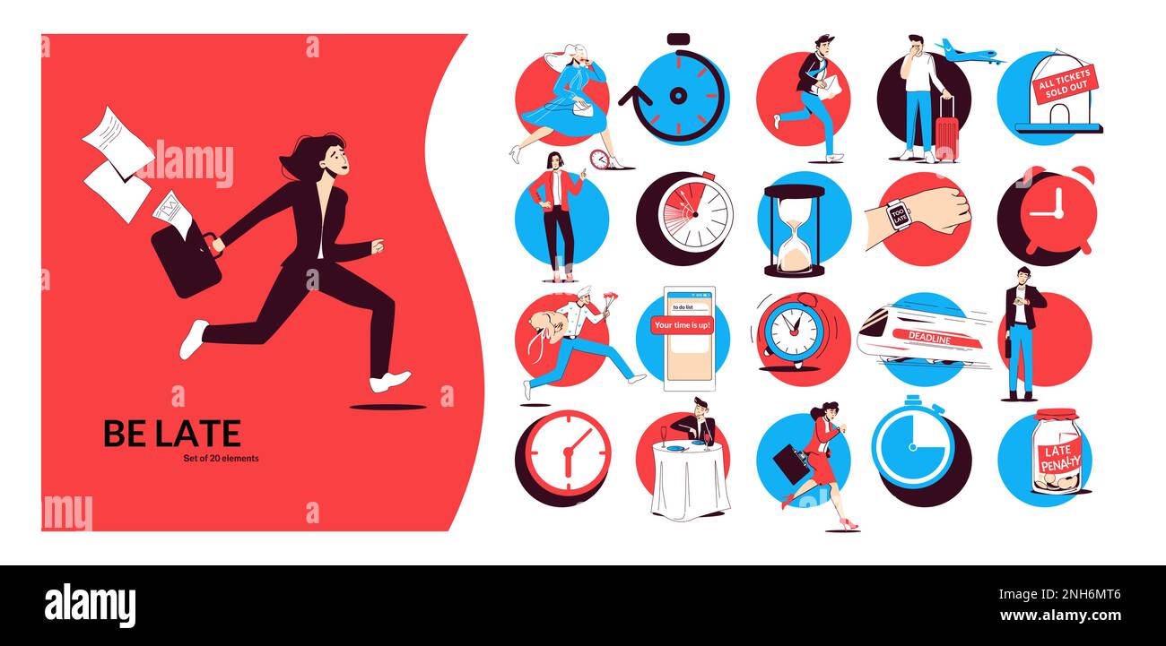 Be late set of isolated round compositions with flat human characters