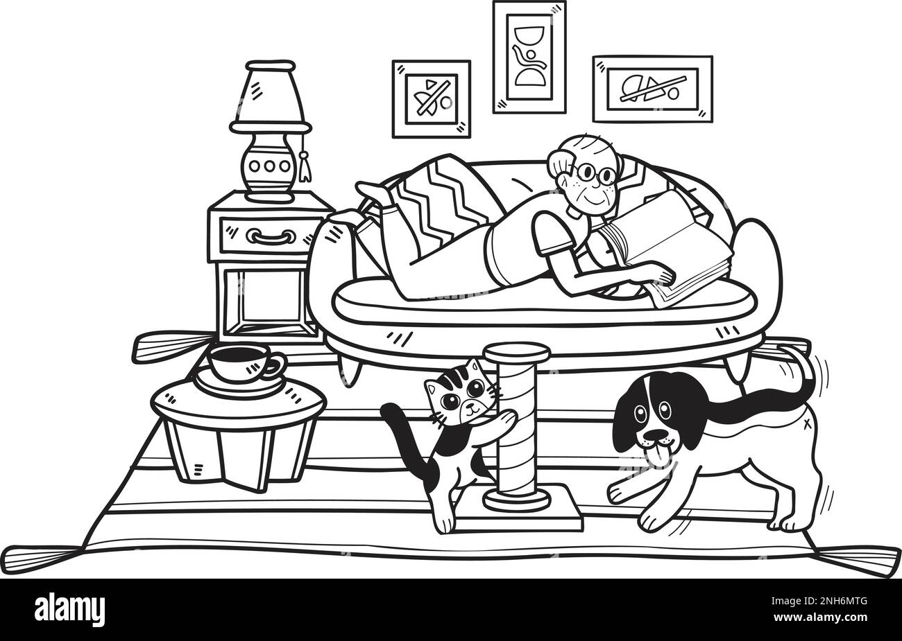 Hand Drawn Elderly reading books with dogs and cats illustration in