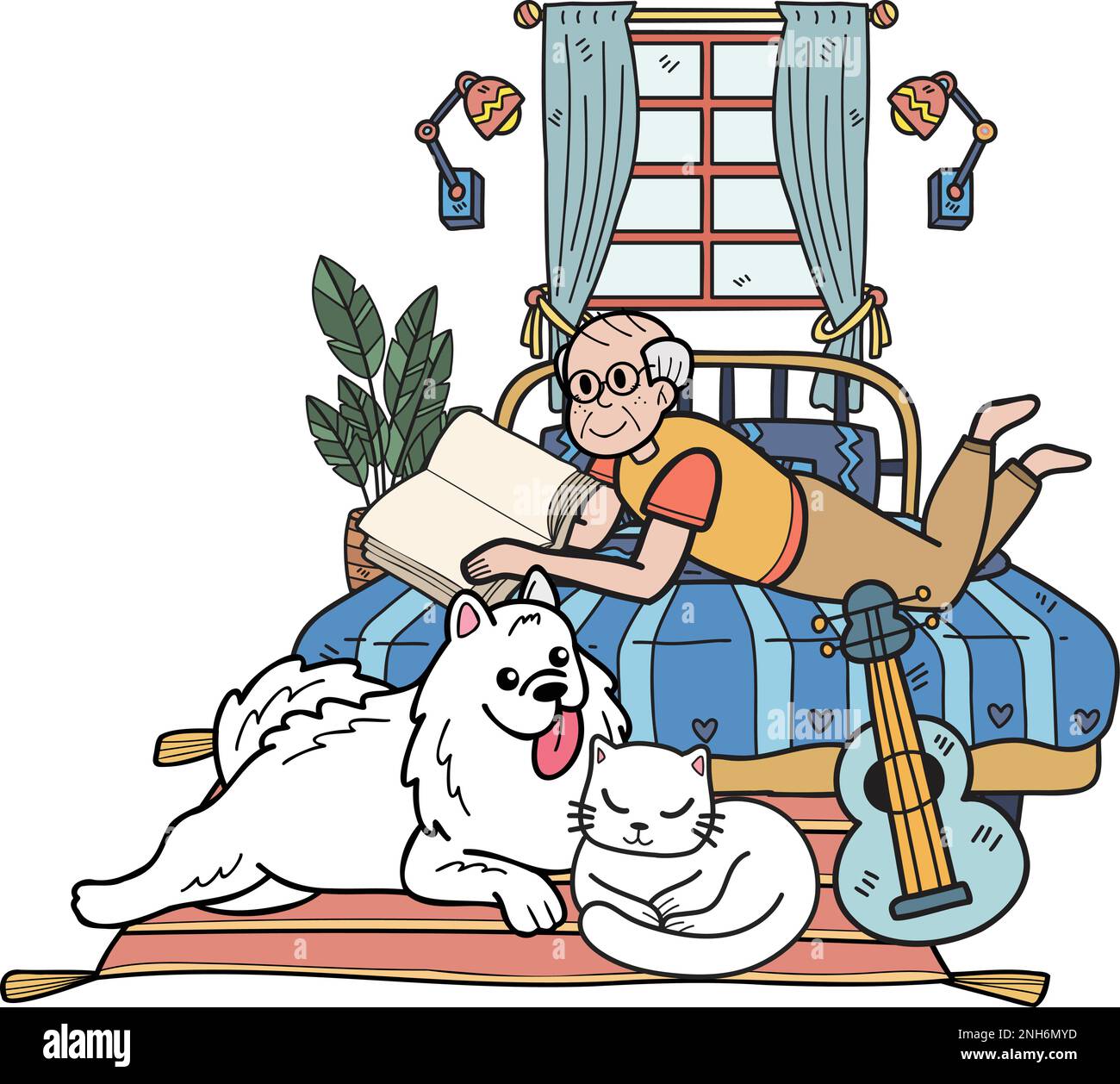 Hand Drawn Elderly reading books with dogs and cats illustration in