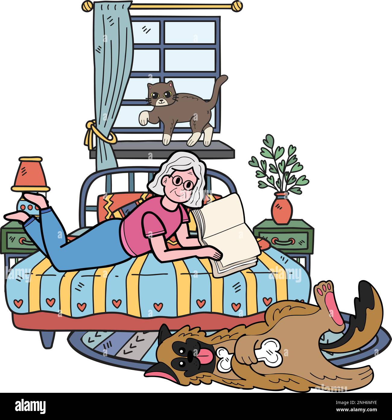 Hand Drawn Elderly reading books with dogs and cats illustration in