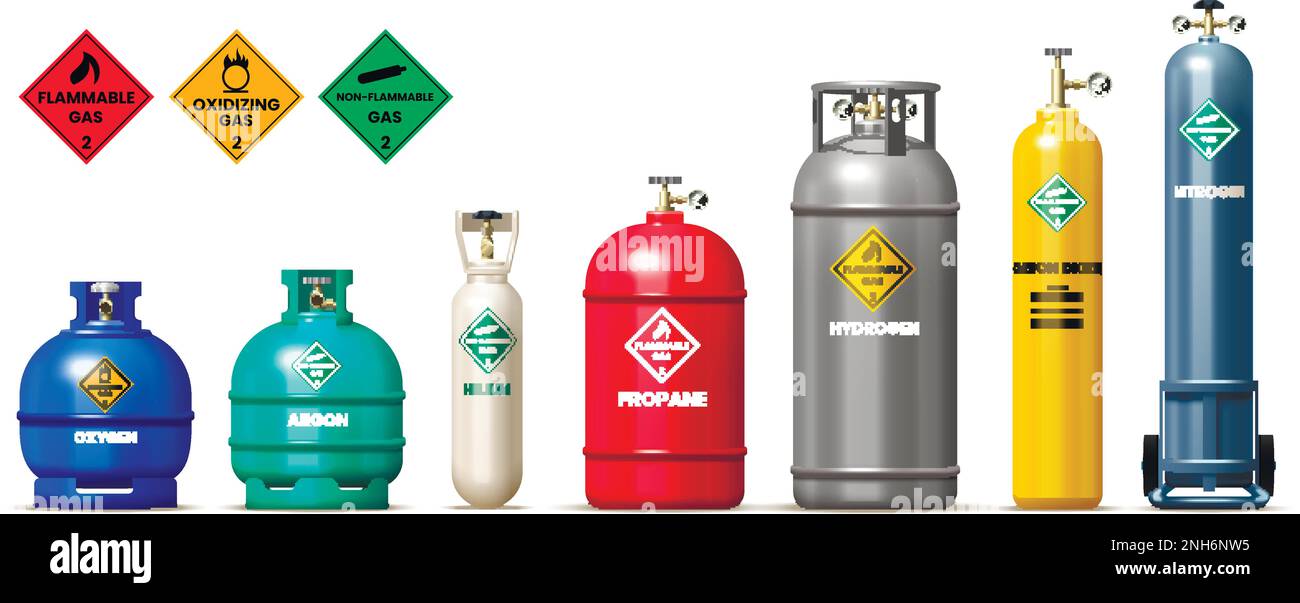 Gas cylinders and tanks realistic set with oxidizing gas symbols isolated vector illustration