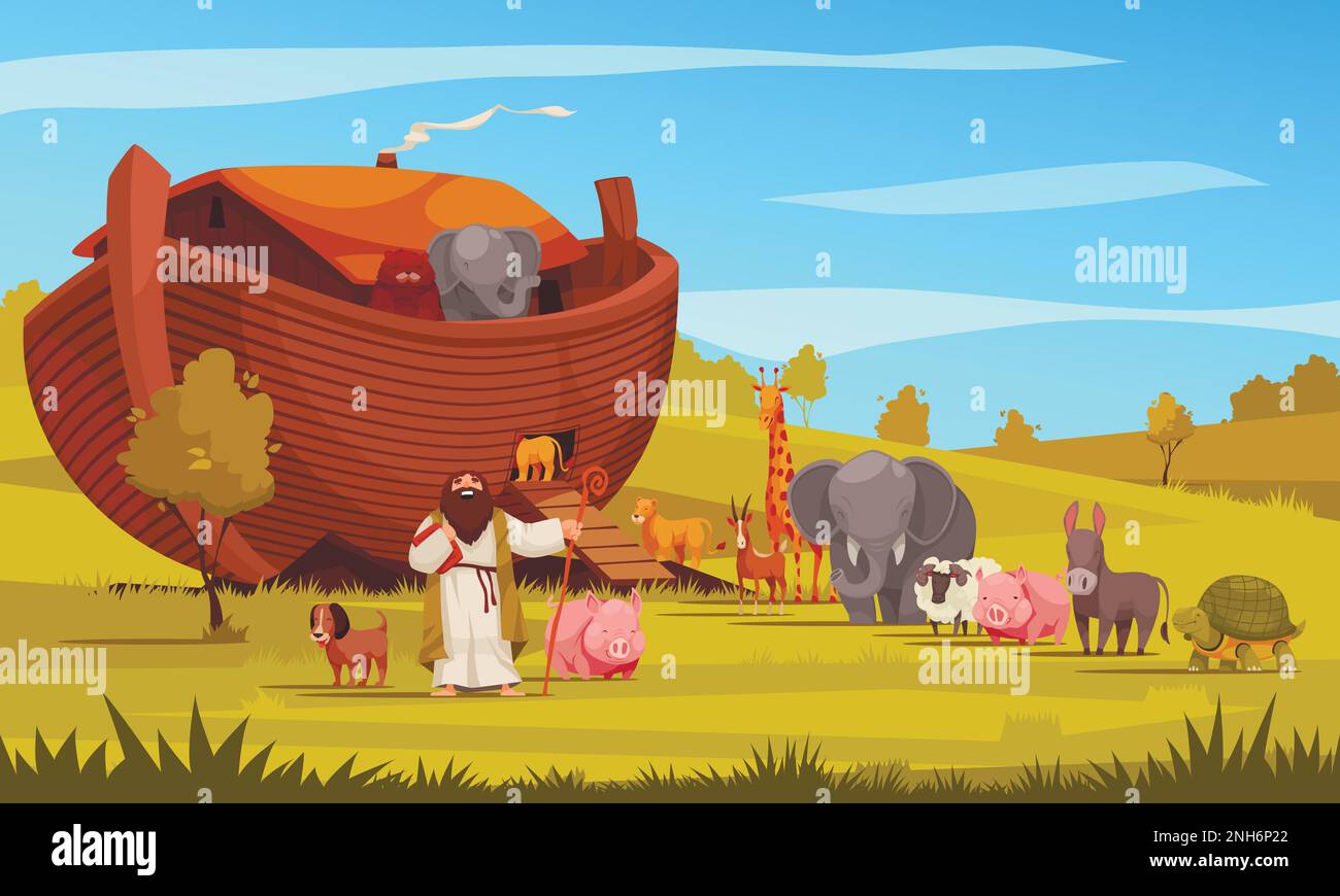 Outdoor nature scene with wild animals entering into noah ark flat ...