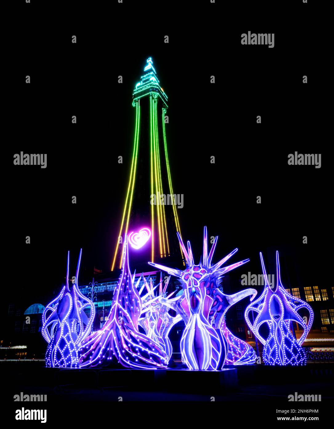 Odyssey, an interactive light display, in front of the iconic Blackpool Tower, on the seafront in Blackpool, Lancashire, UK Stock Photo