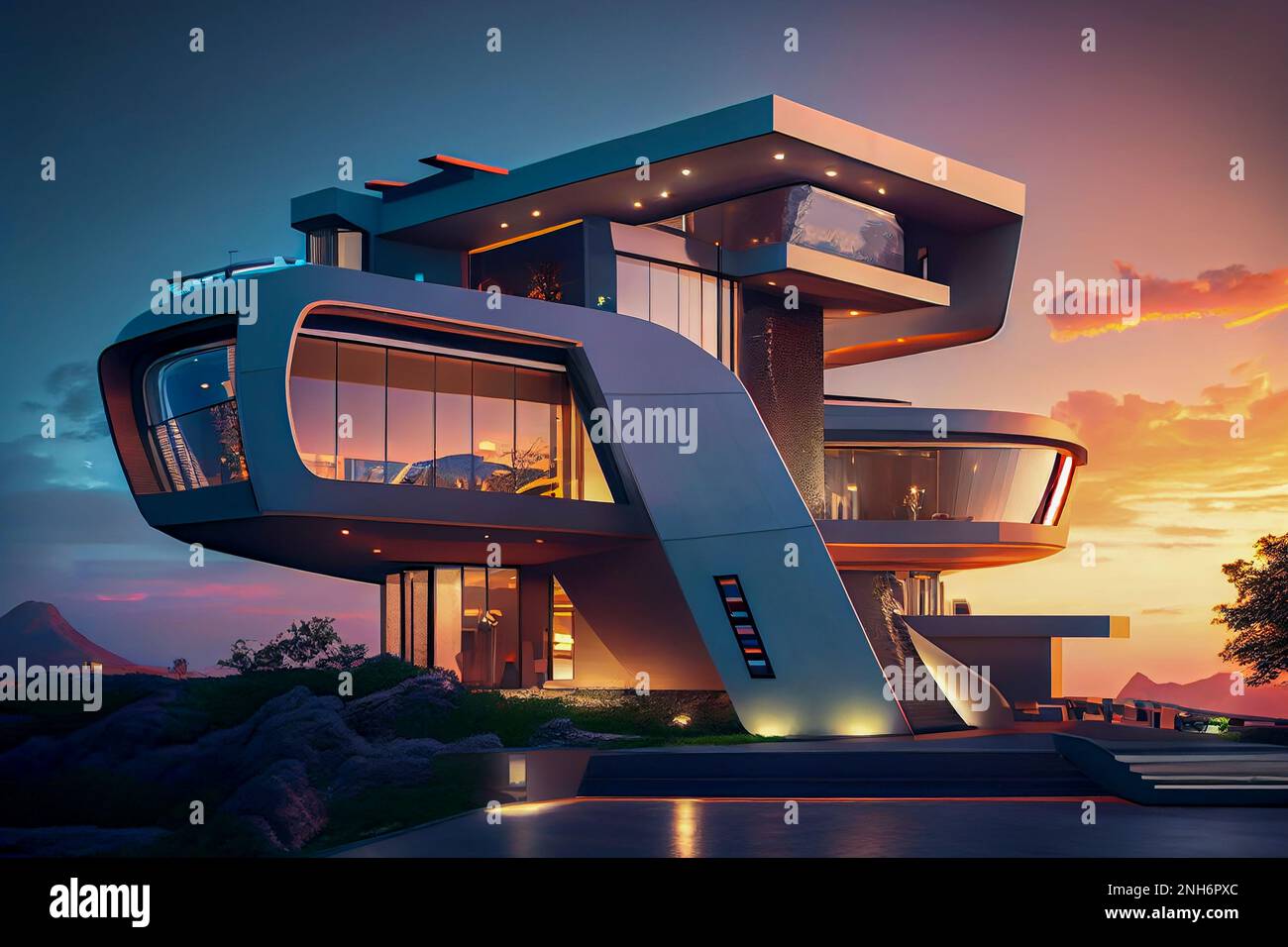 Conceptual futuristic house of the future, ai generated illustration. Environmental and ultralight materials with comfortable and simple interior desi Stock Photo