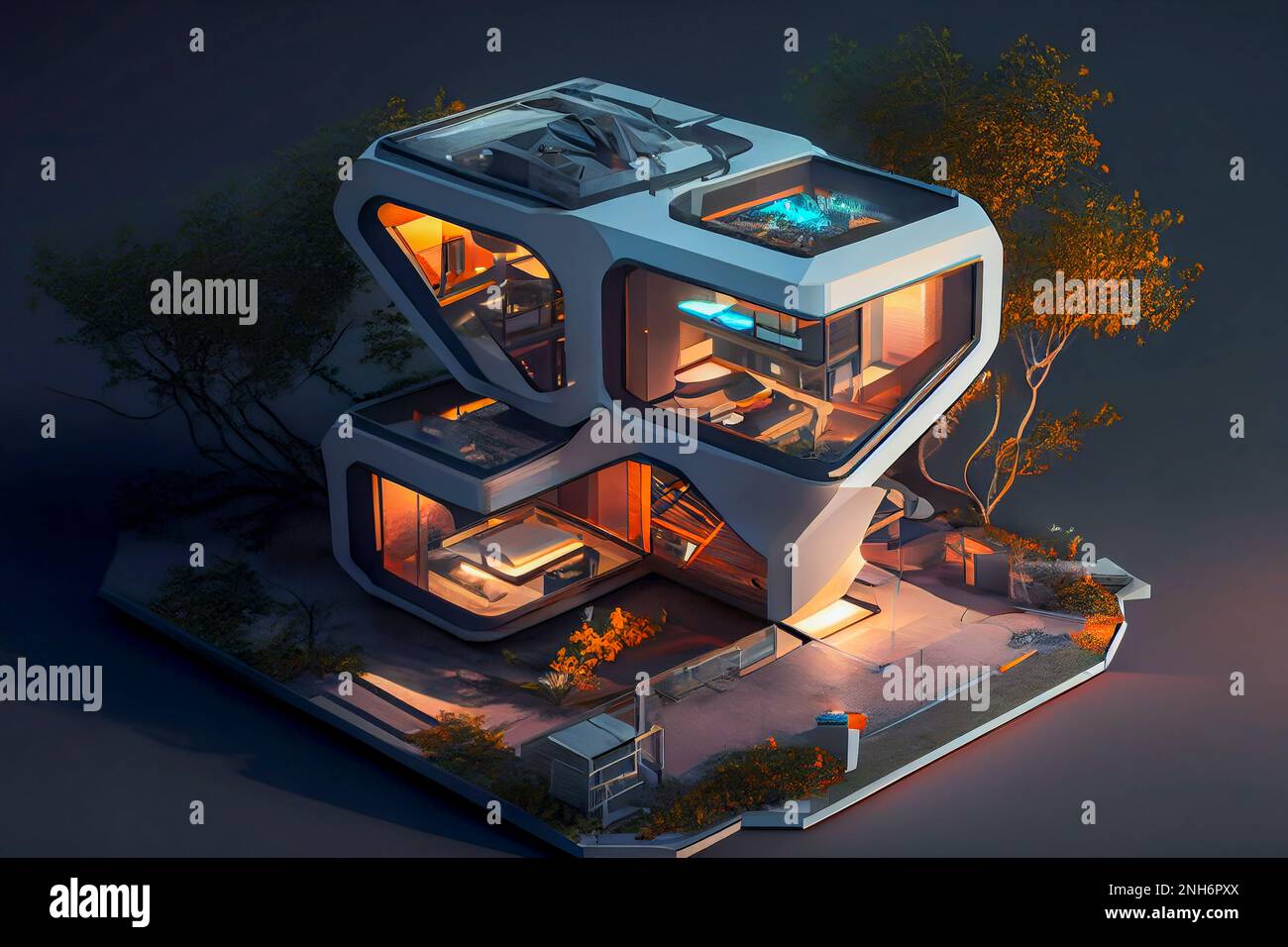 Conceptual futuristic house of the future, ai generated illustration. Environmental and ultralight materials with comfortable and simple interior desi Stock Photo