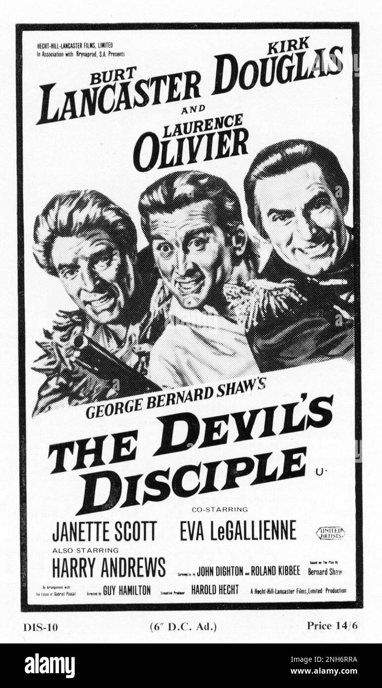 BURT LANCASTER KIRK DOUGLAS and LAURENCE OLIVIER in THE DEVIL'S DISCIPLE 1959 director GUY HAMILTON and (uncredited) ALEXANDER MACKENDRICK based on the play by George Bernard Shaw screenplay John Dighton and Roland Kibbee music Richard Rodney Bennett UK-USA co-production co-executive producers Kirk Douglas and Burt Lancaster Hecht-Hill-Lancaster Productions / Brynaprod / United Artists Stock Photo