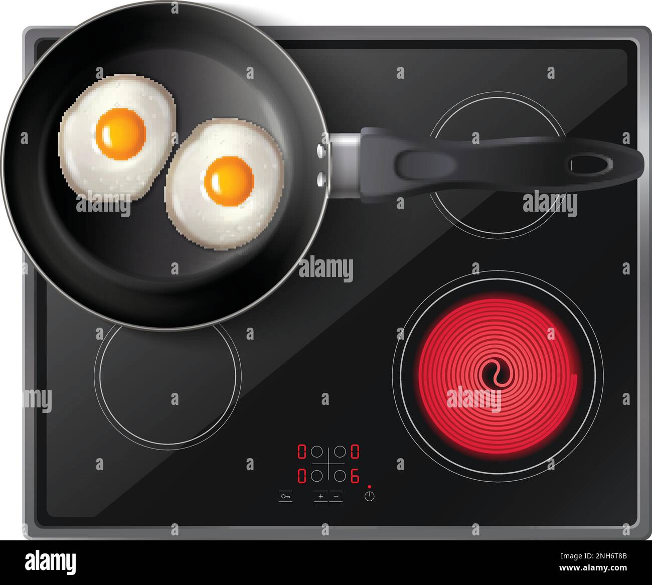 Cookware realistic top view composition with frying pan with two fried