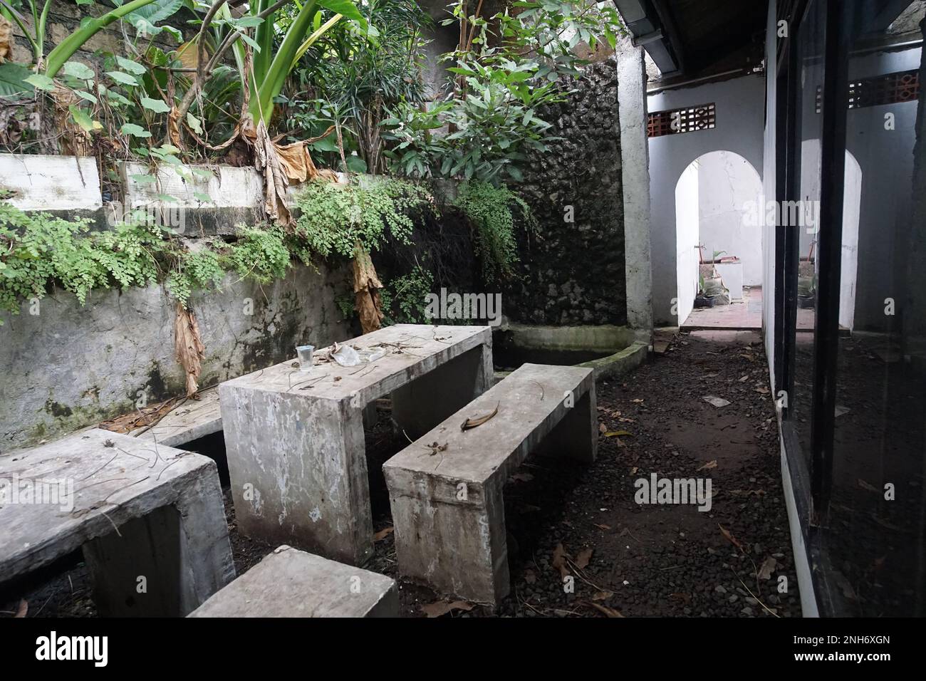 Home garden with cement exterior Stock Photo