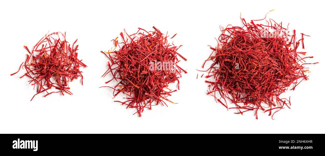 3 Heaps of High Quality Saffron Threads  in Different Sizes from Top View Stock Photo