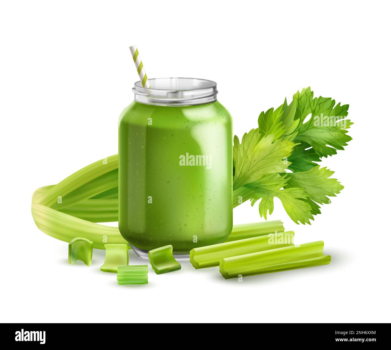 Realistic celery composition with greens and big jar of healthy celery
