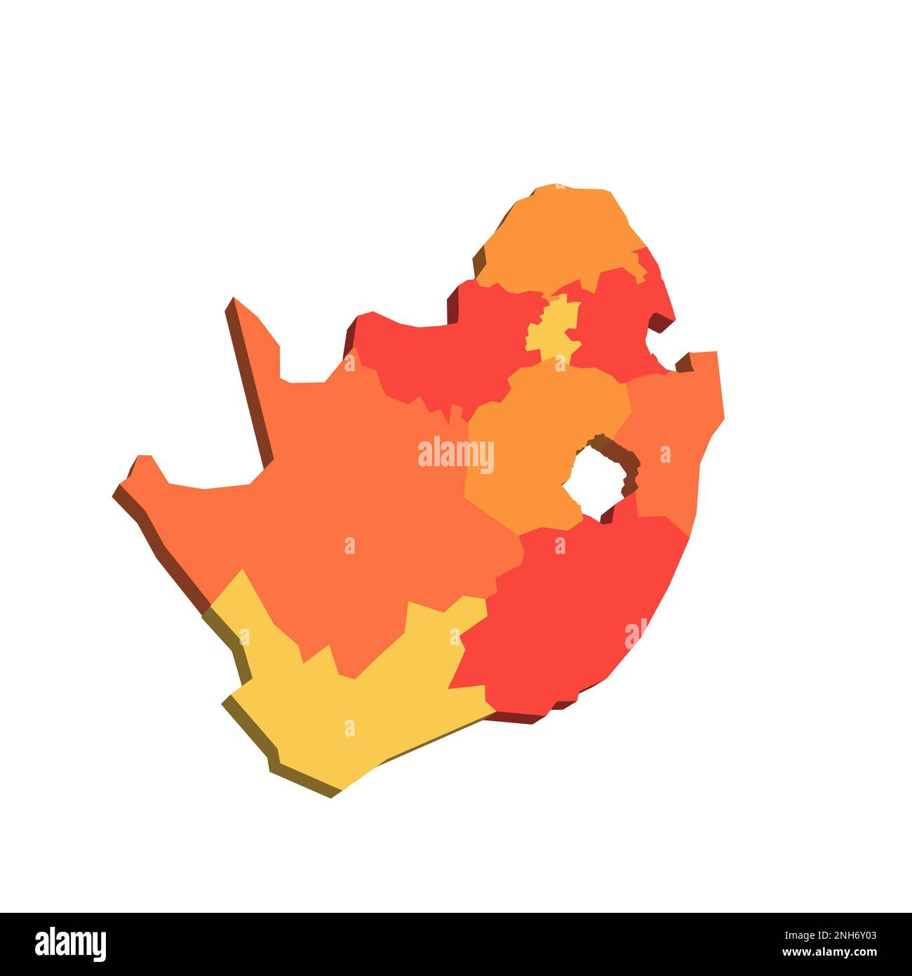 South Africa political map of administrative divisions - provinces. 3D map in shades of orange color. Stock Vector