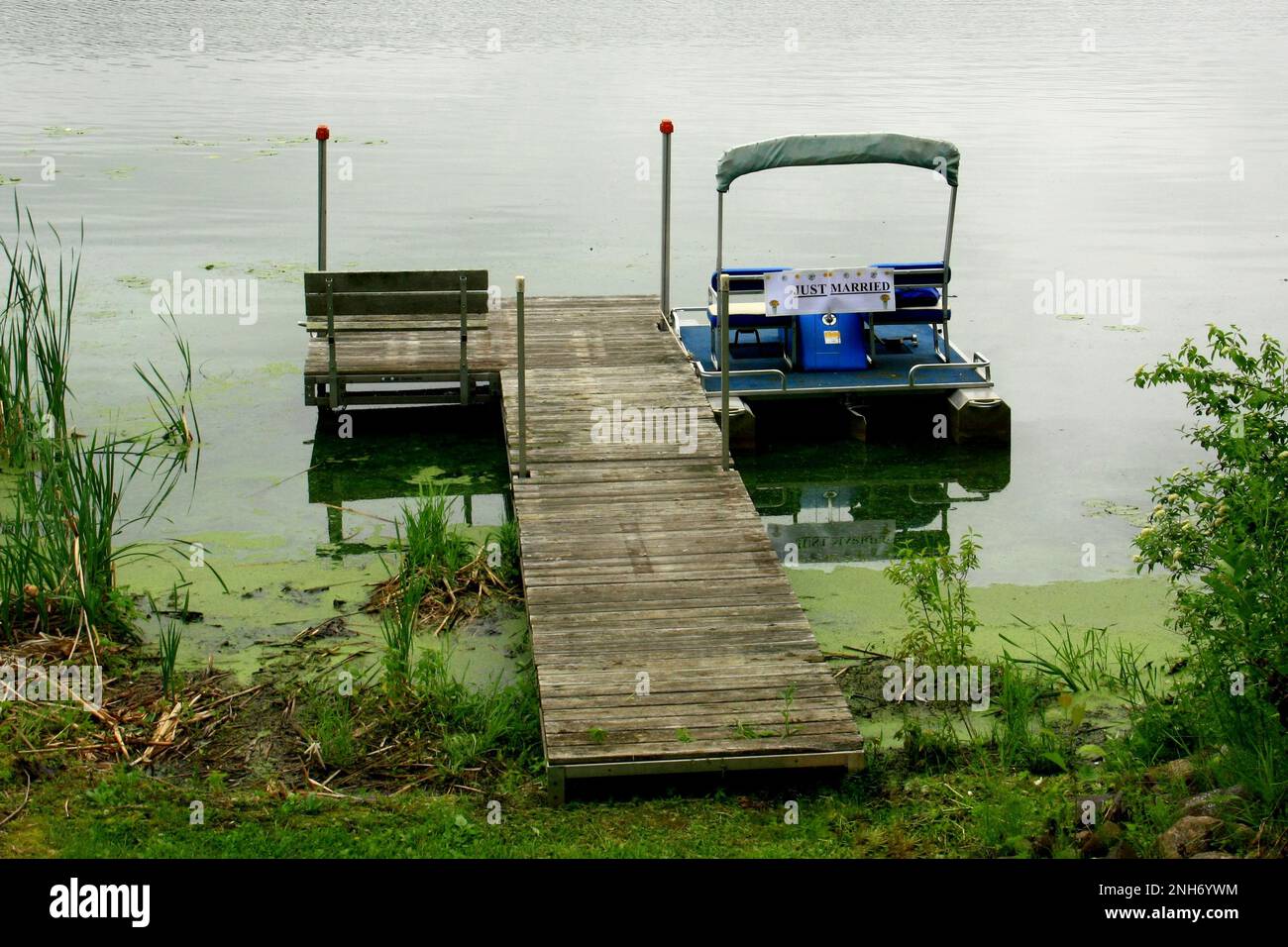 Paddle boat docked with Just Married sign on it on Big Trade Lake in