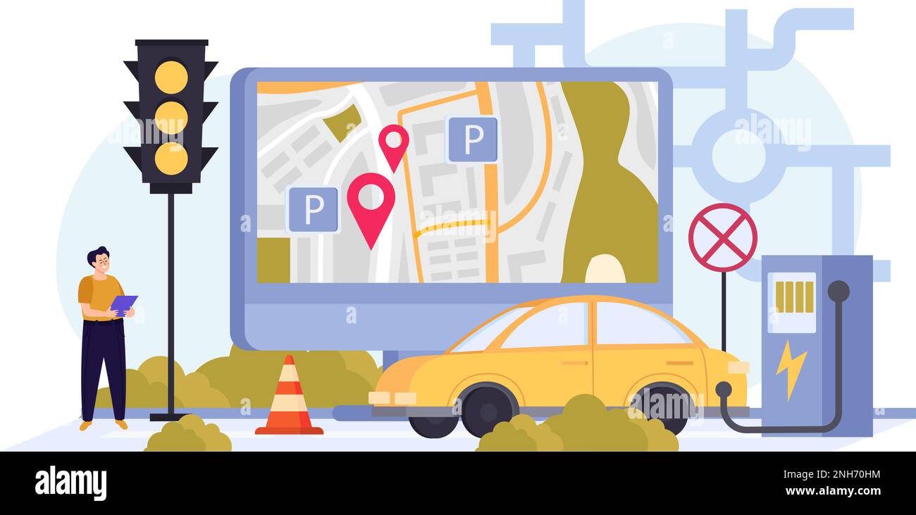 Parking flat and colored composition various attributes of the parking