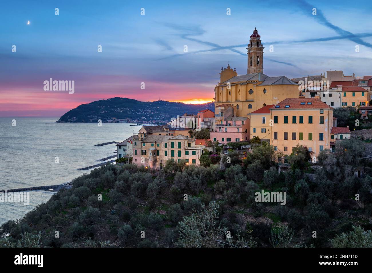 Cervo - medieval hilltop town at dusk, Liguria, Italy Stock Photo