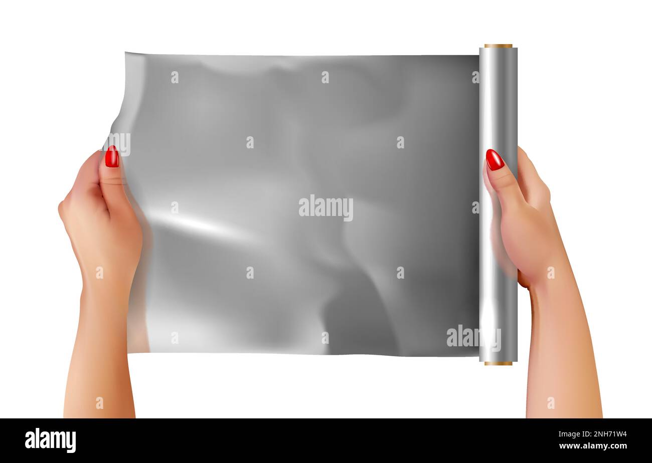 Realistic aluminium metallic foil roll composition with hands vector