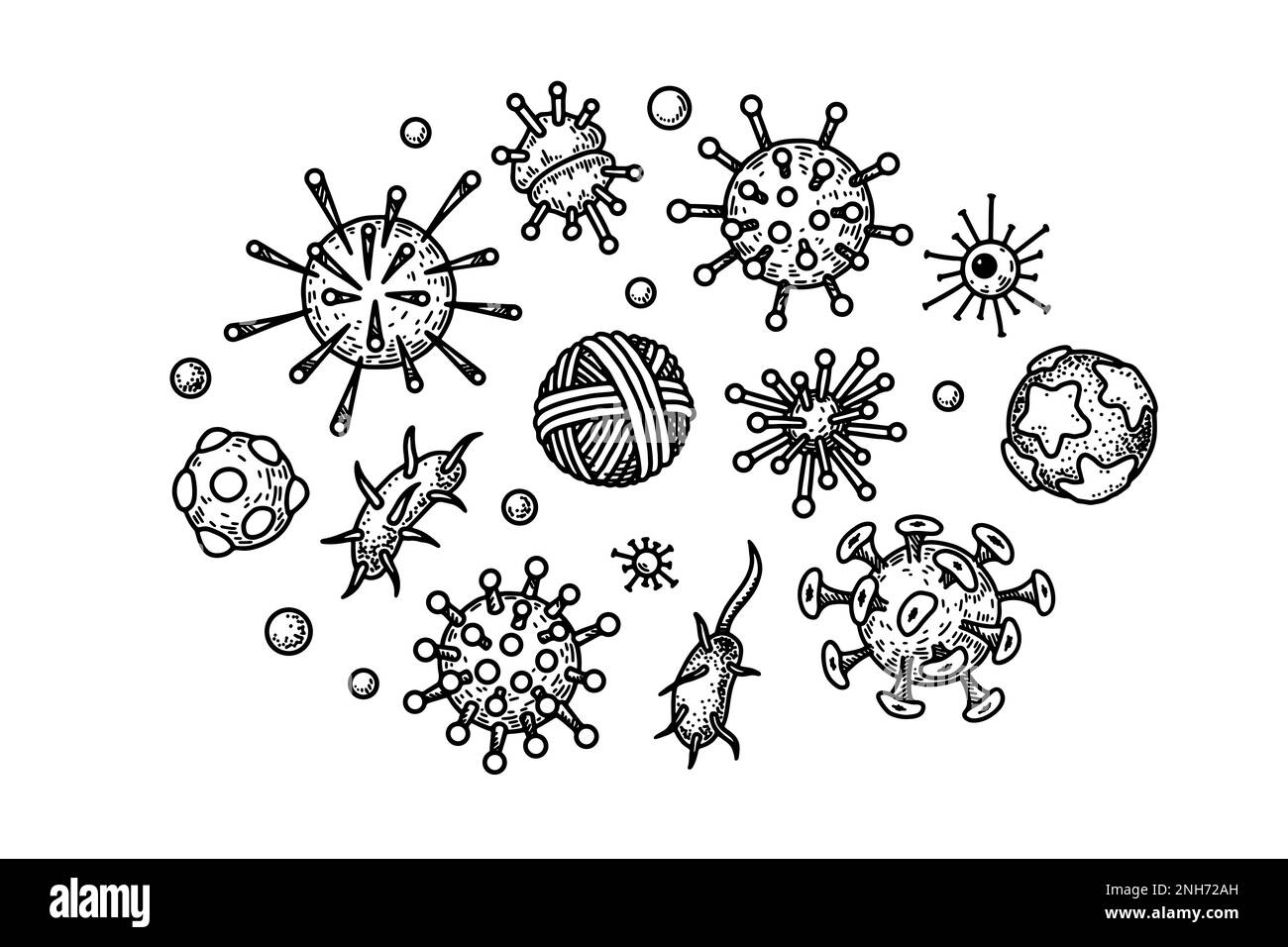 Set of hand drawn human viruses. Vector illustration in sketch style. Realistic microbiology scientific design Stock Vector