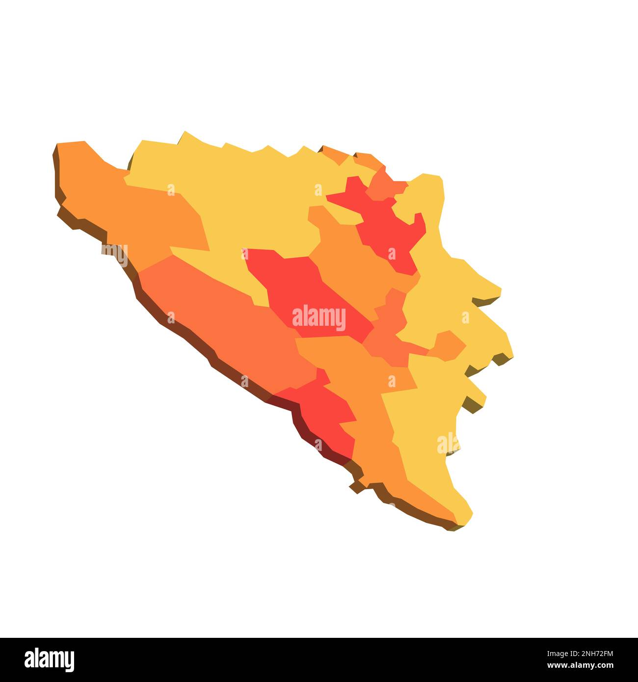 Bosnia and Herzegovina political map of administrative divisions - cantons of Federation of Bosnia and Herzegovina and Republika Srpska. 3D map in shades of orange color. Stock Vector