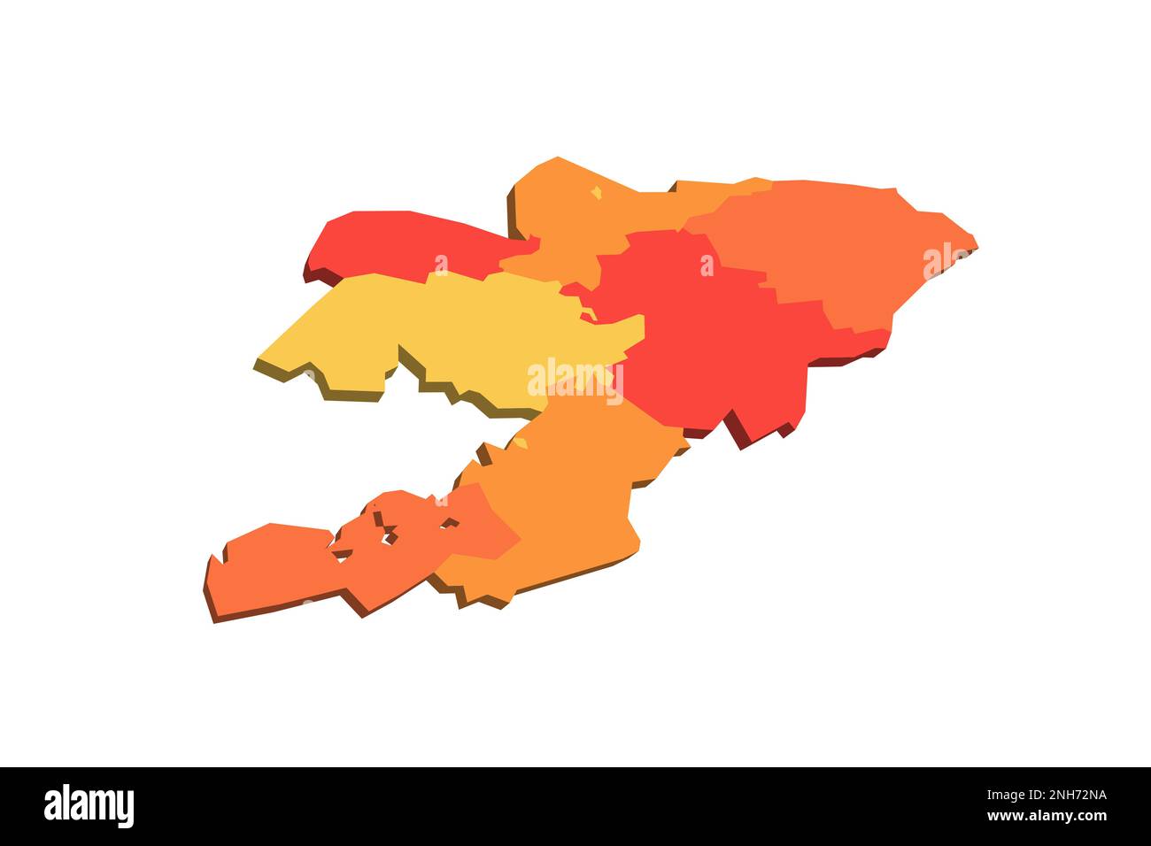 Kyrgyzstan political map of administrative divisions - regions and independent cities of Bishkek and Osh. 3D map in shades of orange color. Stock Vector