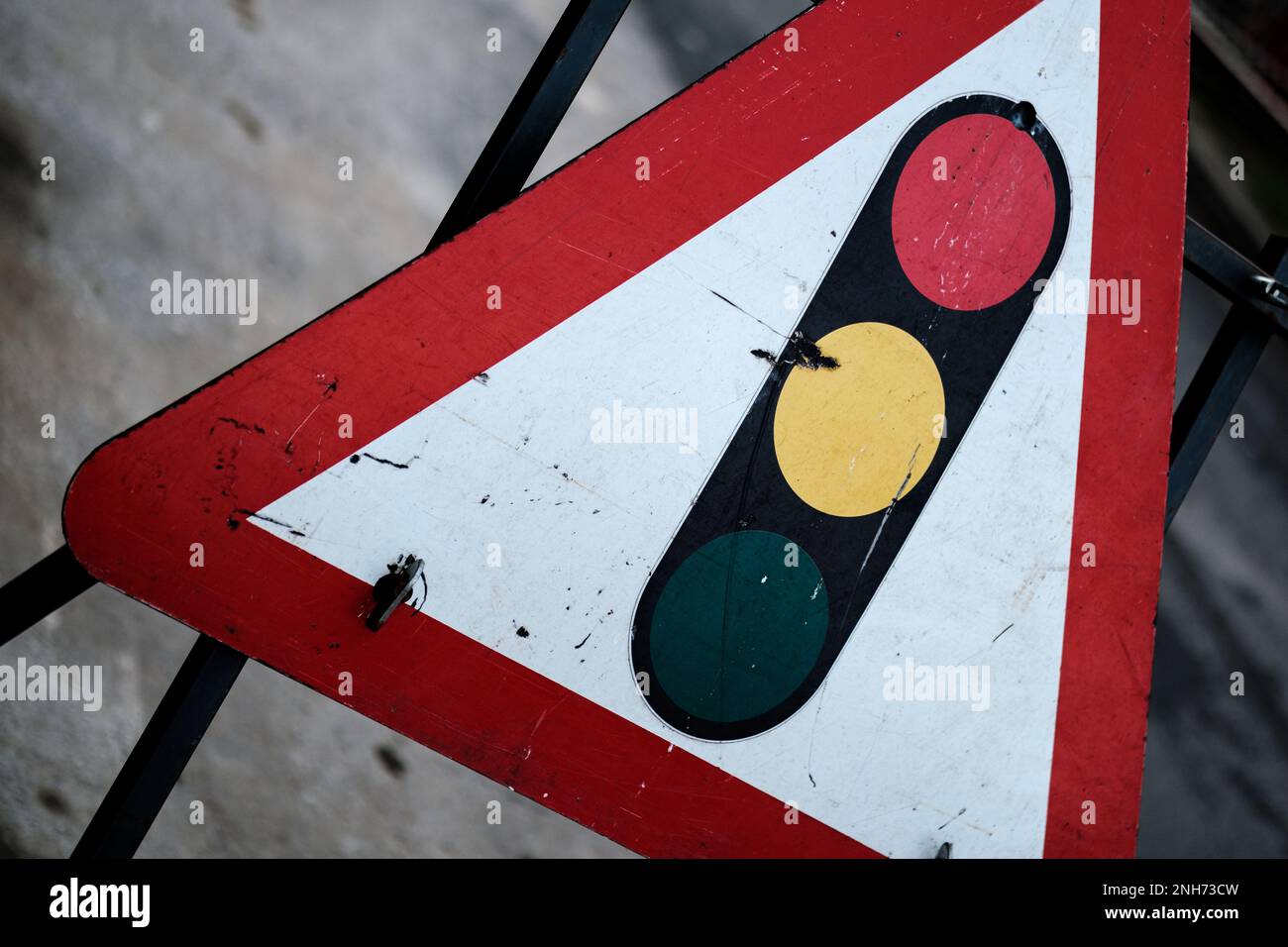 Close Up Temporary Road Works Traffic Light Sign With No People Stock ...