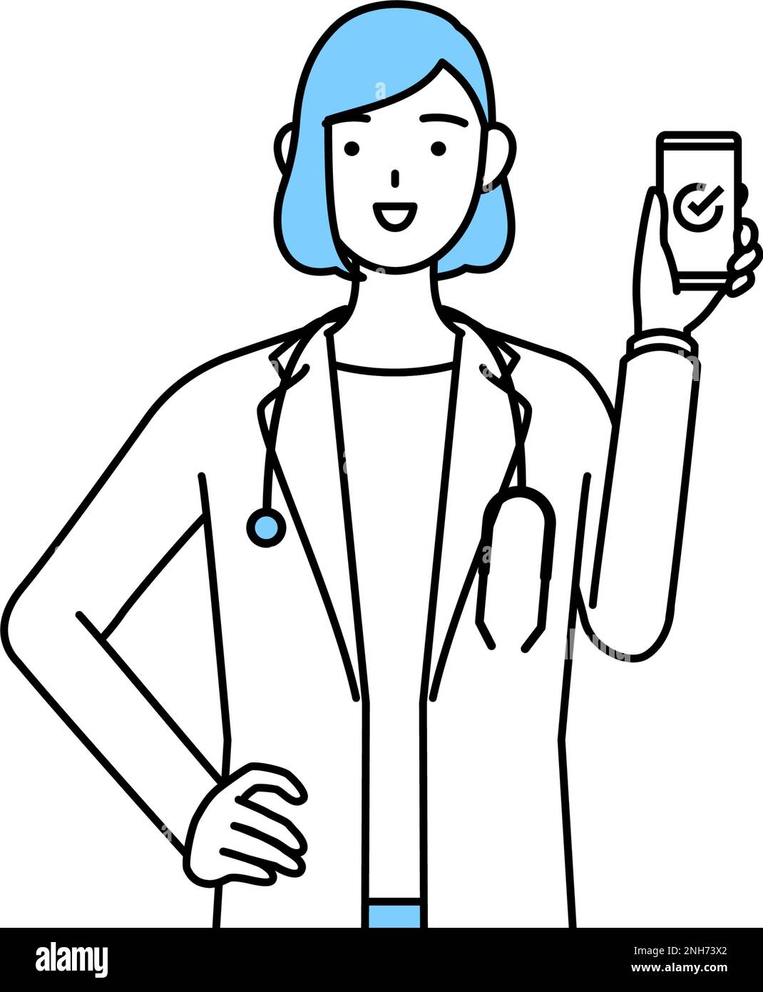 A woman doctor in white coat using a smartphone at work. Stock Vector