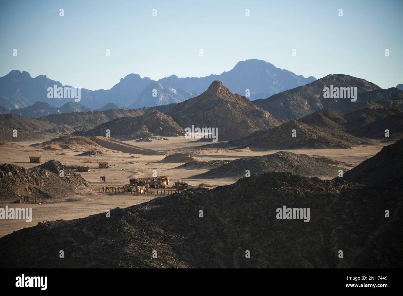 Mountain landscape and shacks, huts in Arabian desert, Egypt Stock Photo