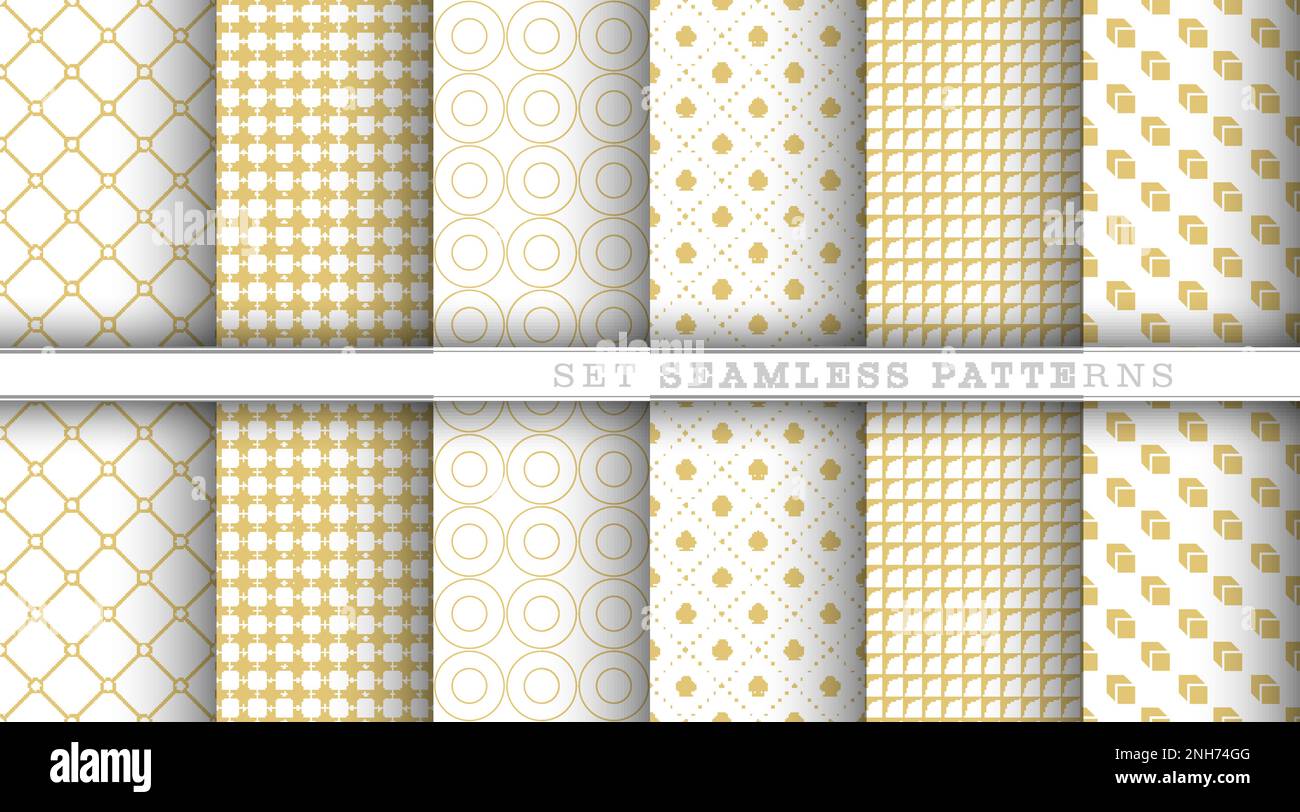 A set of seamless gold geometric and abstract patterns on a white ...