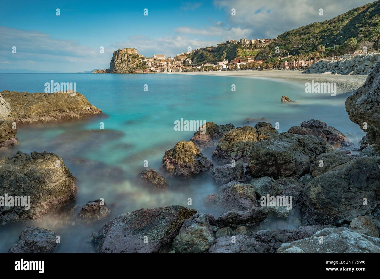 Scilla beach with the town in the background, Calabria Stock Photo