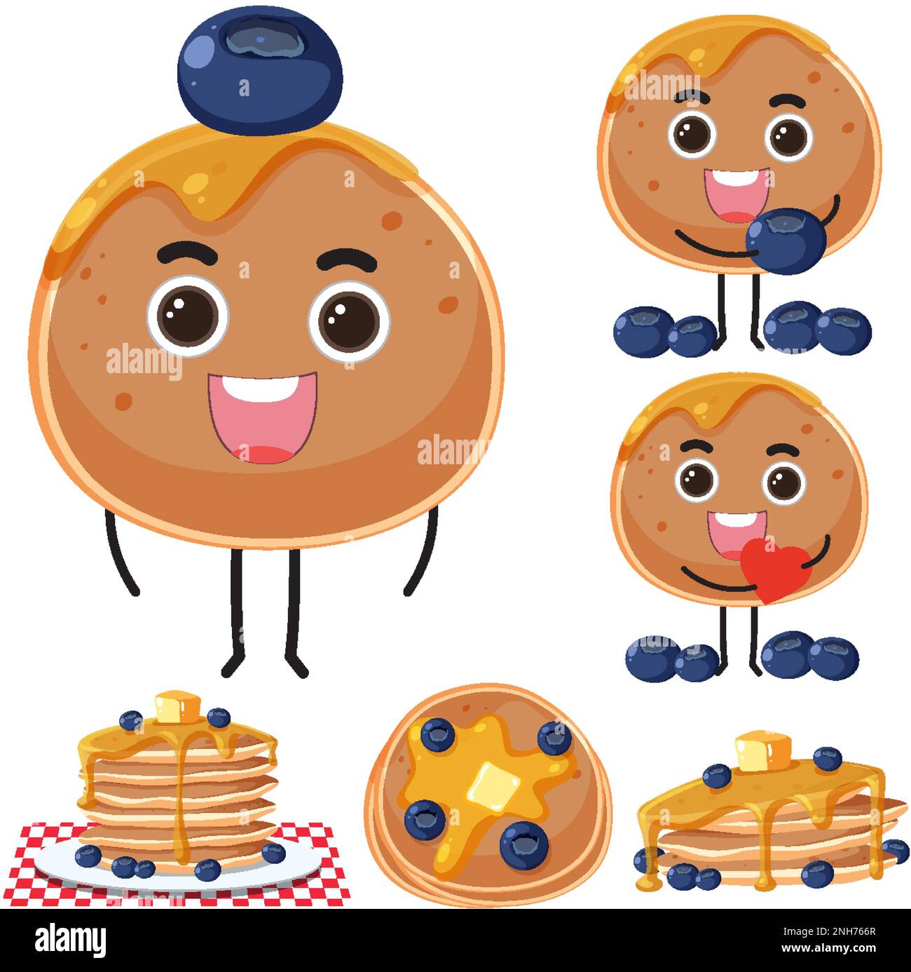Blueberry pancake elements set illustration Stock Vector