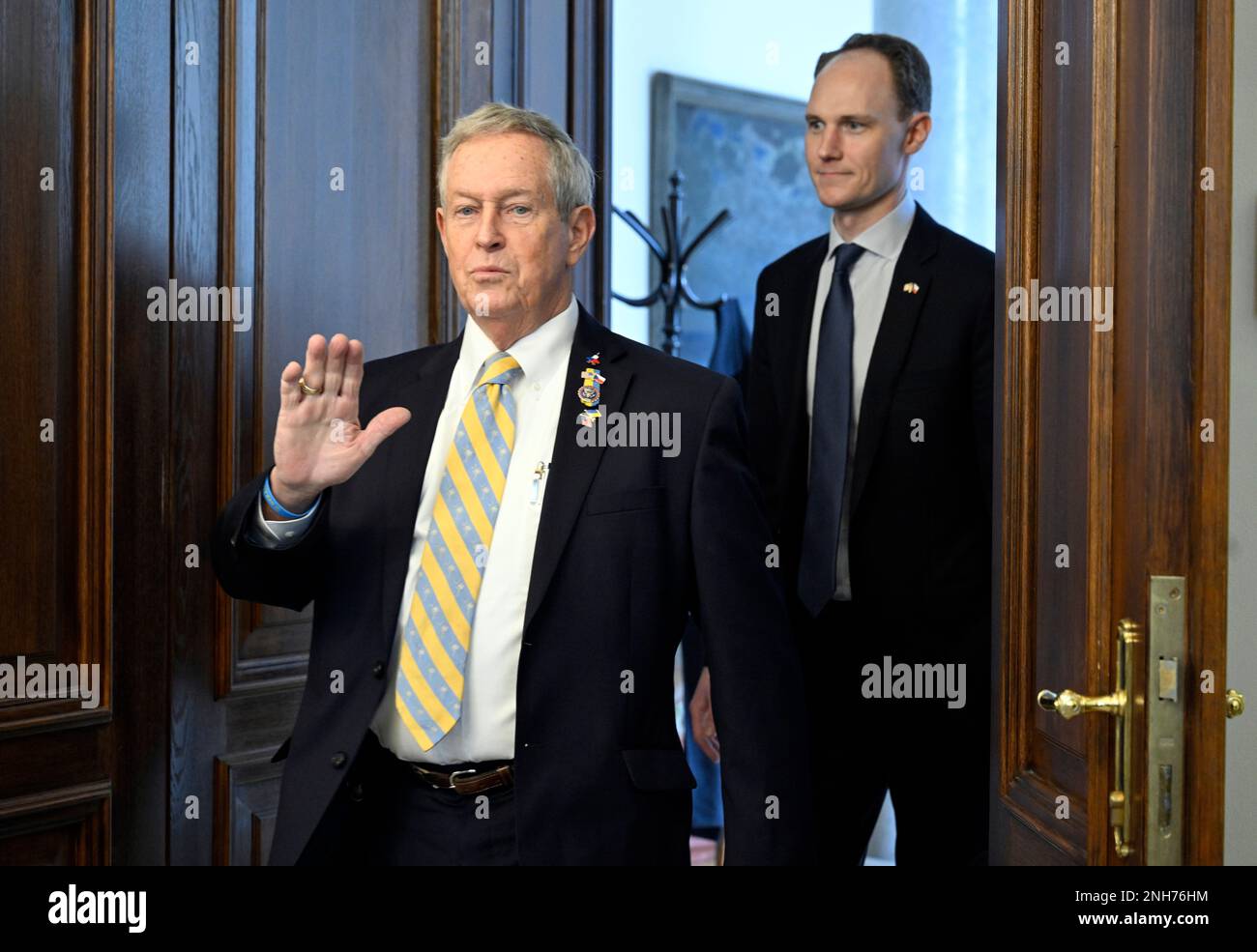 Prague, Czech Republic. 21st Feb, 2023. Czech Prime Minister Petr Fiala (ODS) (not seen) meets the representatives of the US Commission on Security and Cooperation in Europe, on February 21, 2023, in Prague, Czech Republic. On the photo commission chairman Addison Joe Wilson arrives to the meeting. Credit: Katerina Sulova/CTK Photo/Alamy Live News Stock Photo