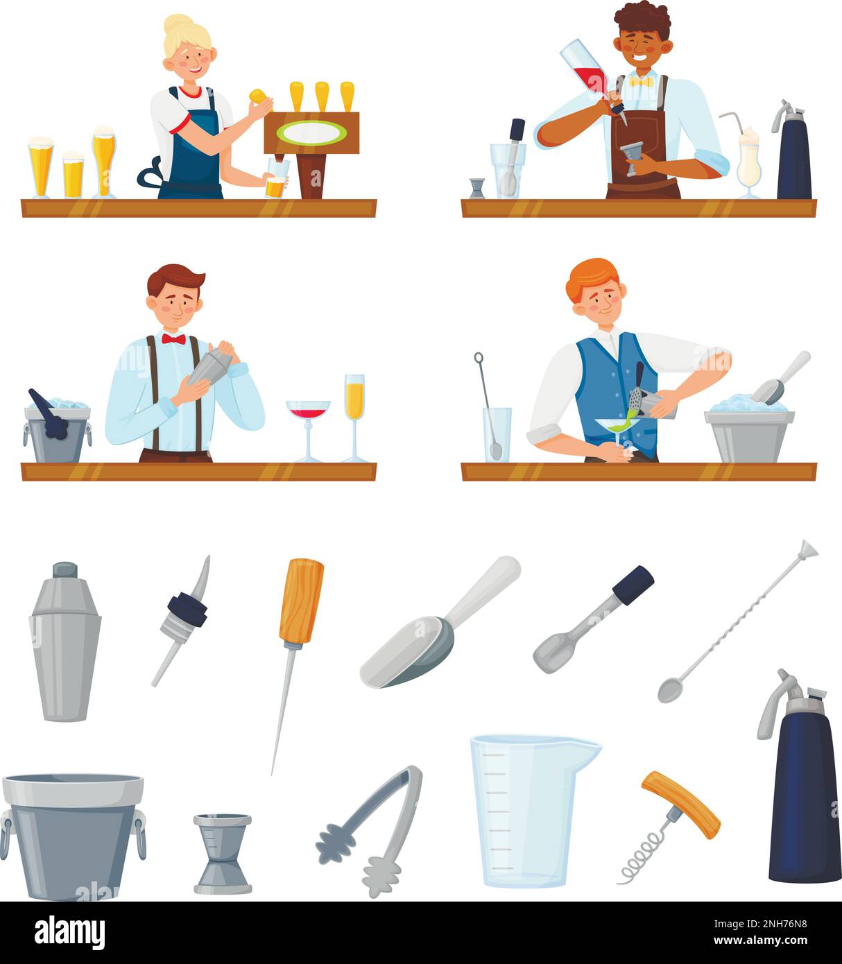 Set of isolated barman bartender equipment flat icons with images of scoops buckets and bar stands vector illustration Stock Vector