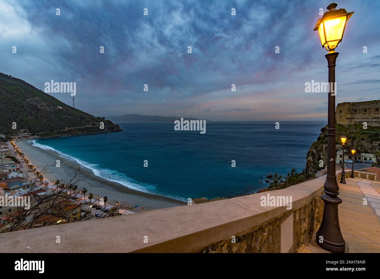 Panoramic view of Scilla beach at dusk, Calabria Stock Photo