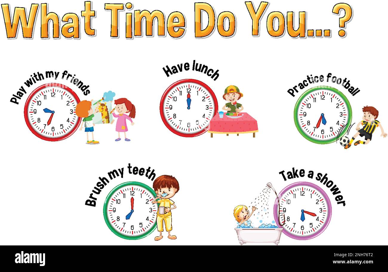 Daily routine with time and cartoon characters illustration Stock ...