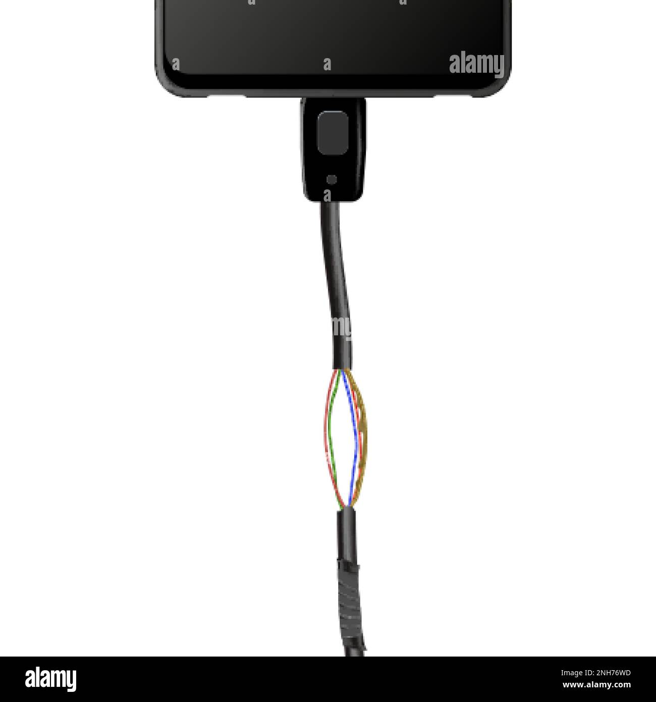 Damaged charger cable with smartphone on white background realistic