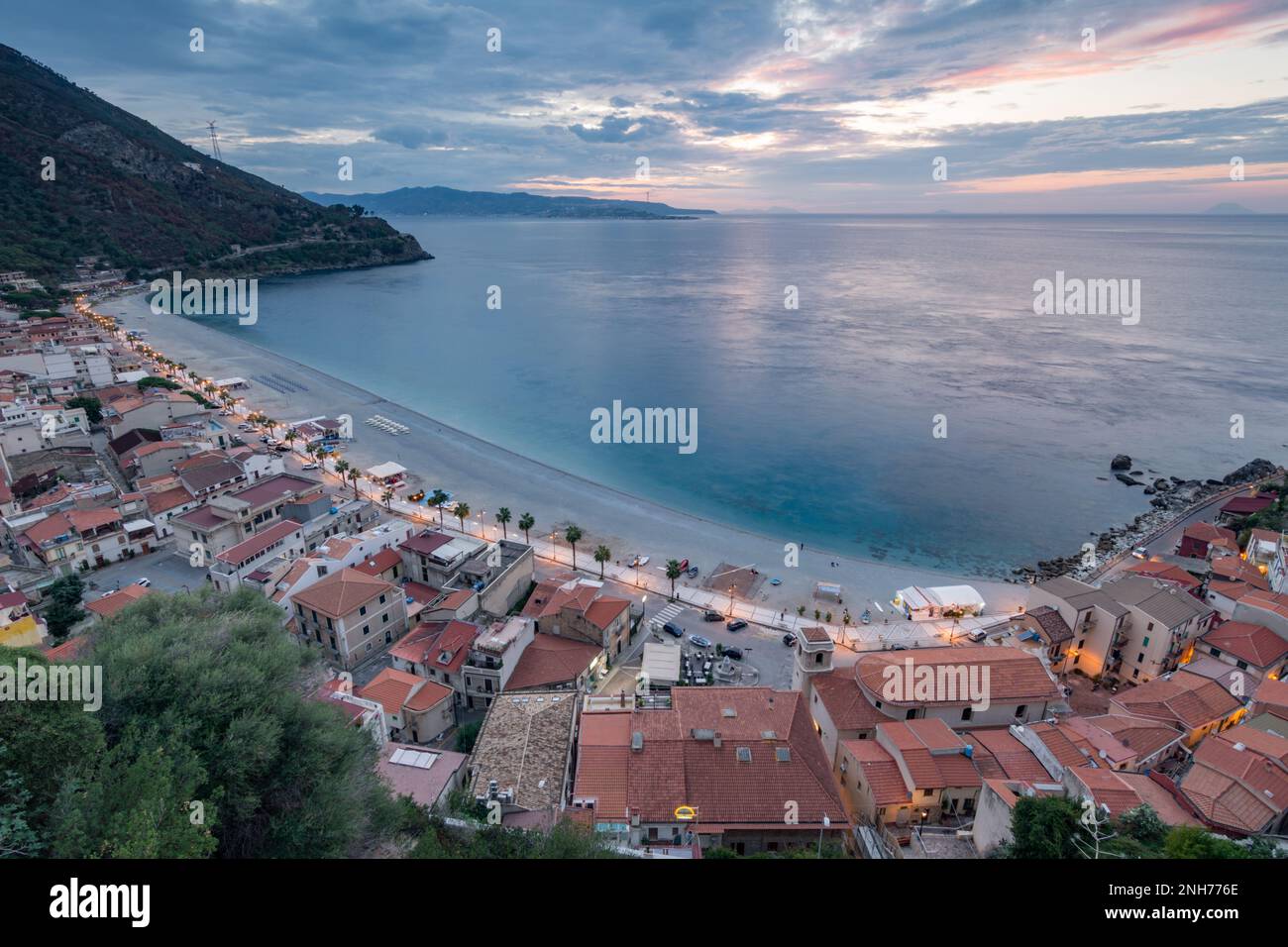 Panoramic view of Scilla beach at dusk, Calabria Stock Photo