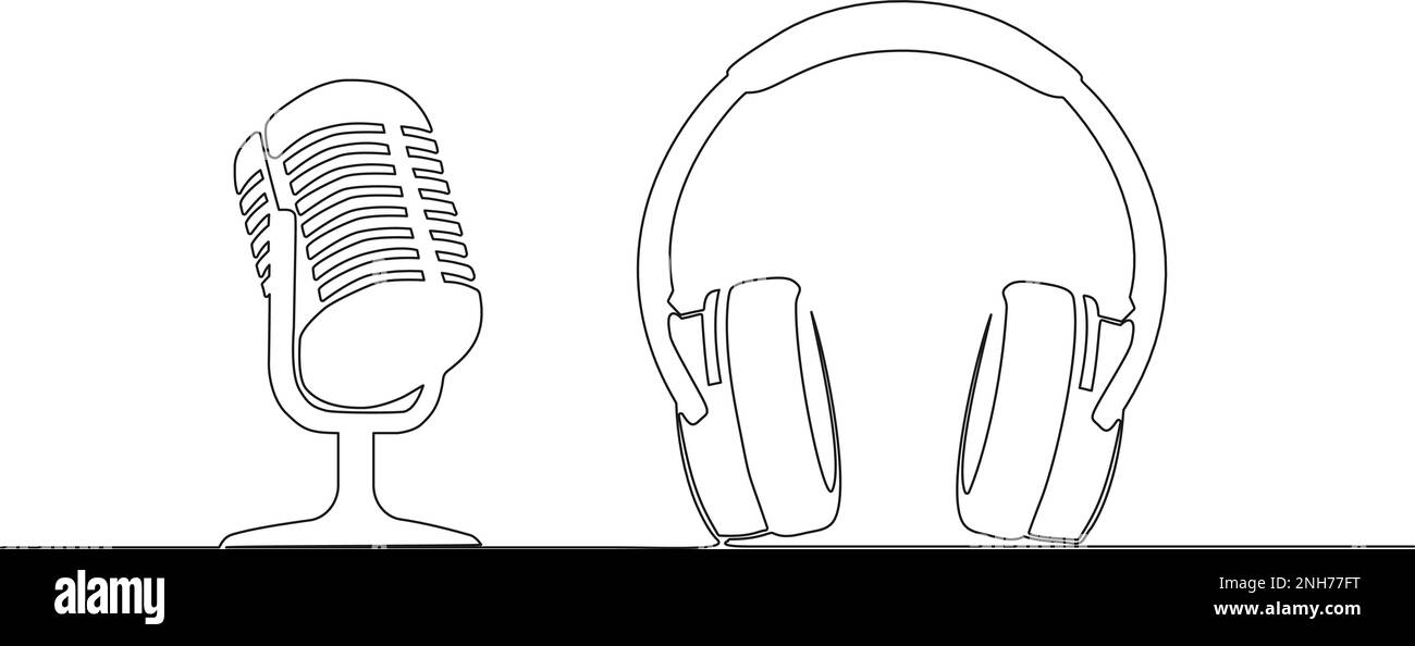 continuous single line drawing of microphone and headphones, podcast concept, line art vector