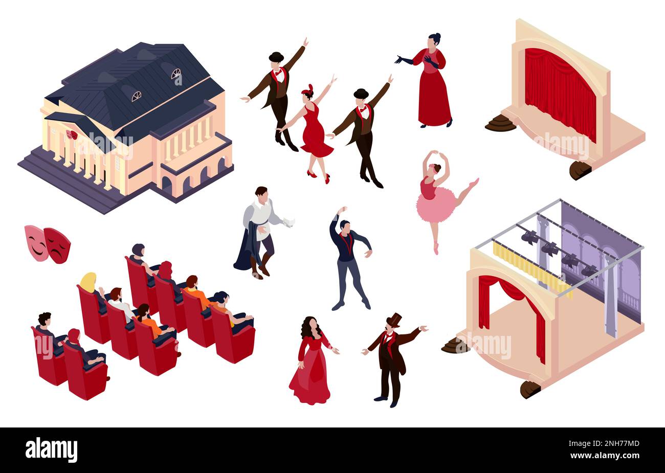 Theatre set with performance and premiere symbols isometric isolated vector illustration Stock Vector