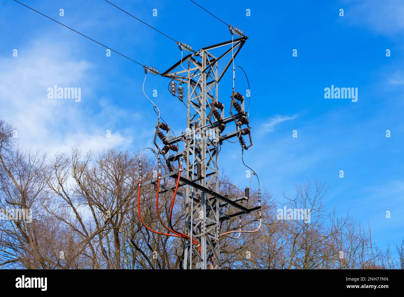 Electricity high voltage pylon in the forest on a sky background Stock ...