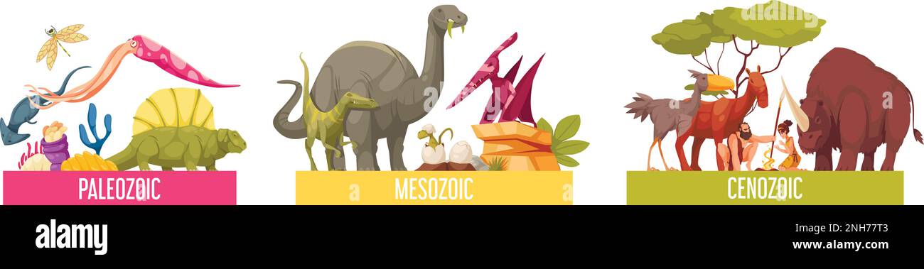 Geochronological scale set with paleozoic mesozoic and cenozoic eras isolated cartoon vector illustration Stock Vector