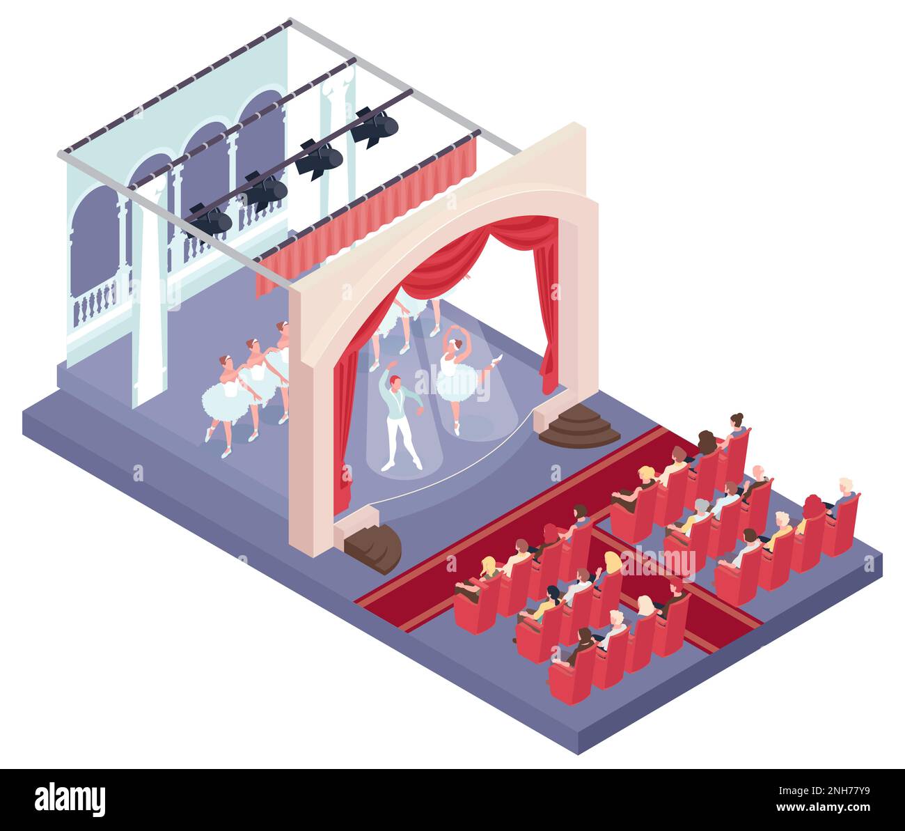 Theatre concept with ballet performance and scenery symbols isometric vector illustration Stock Vector