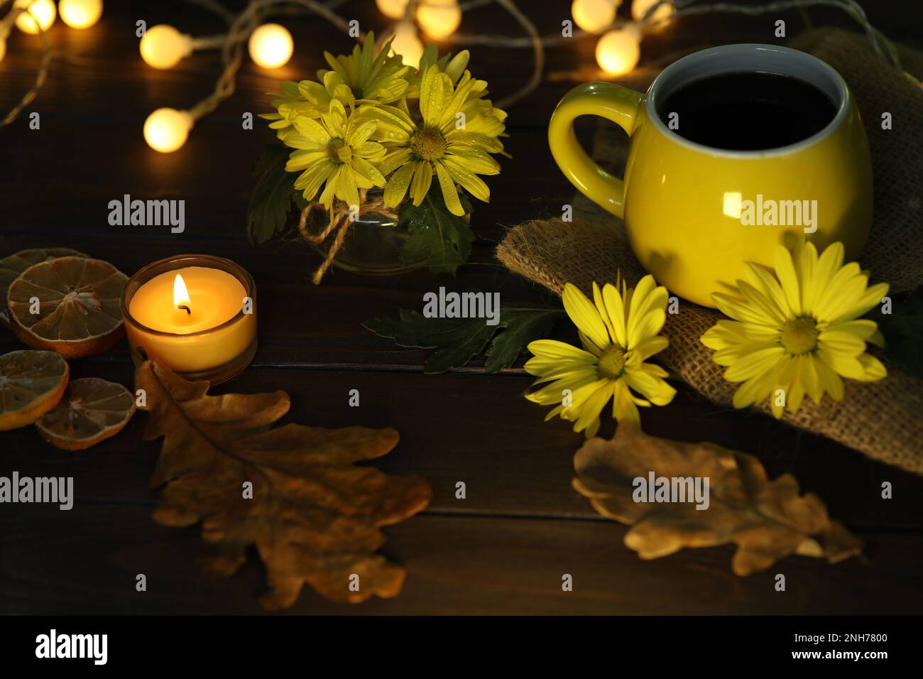 cup of coffee on the autumn background with leaves and flowers Stock ...