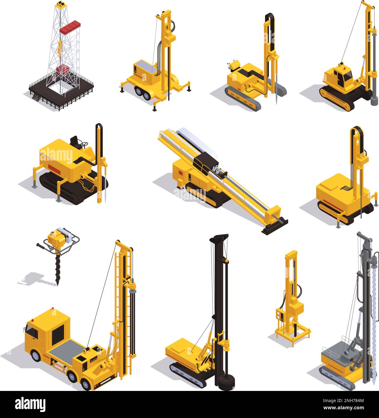Isometric set of various types of machinery for well drilling isolated