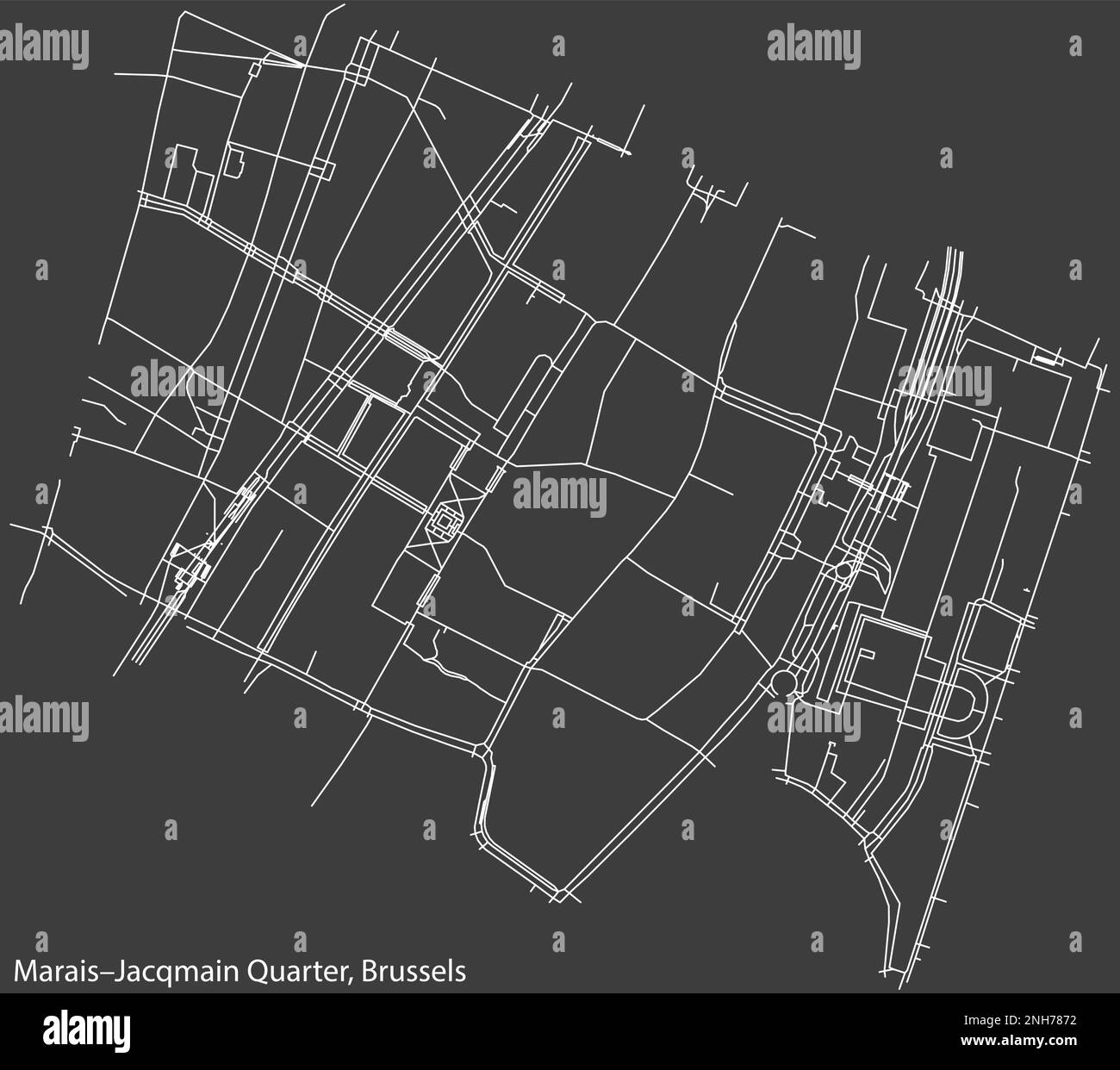 Street roads map of the MARAIS–JACQMAIN QUARTER (JACQMAIN–BROEKWIJK), BRUSSELS Stock Vector