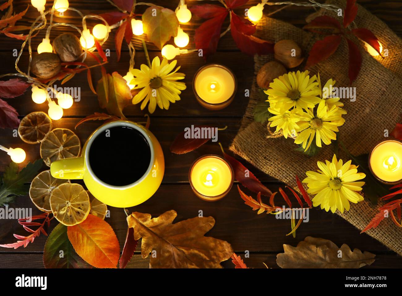 cup of coffee on the autumn background with leaves and flowers Stock ...