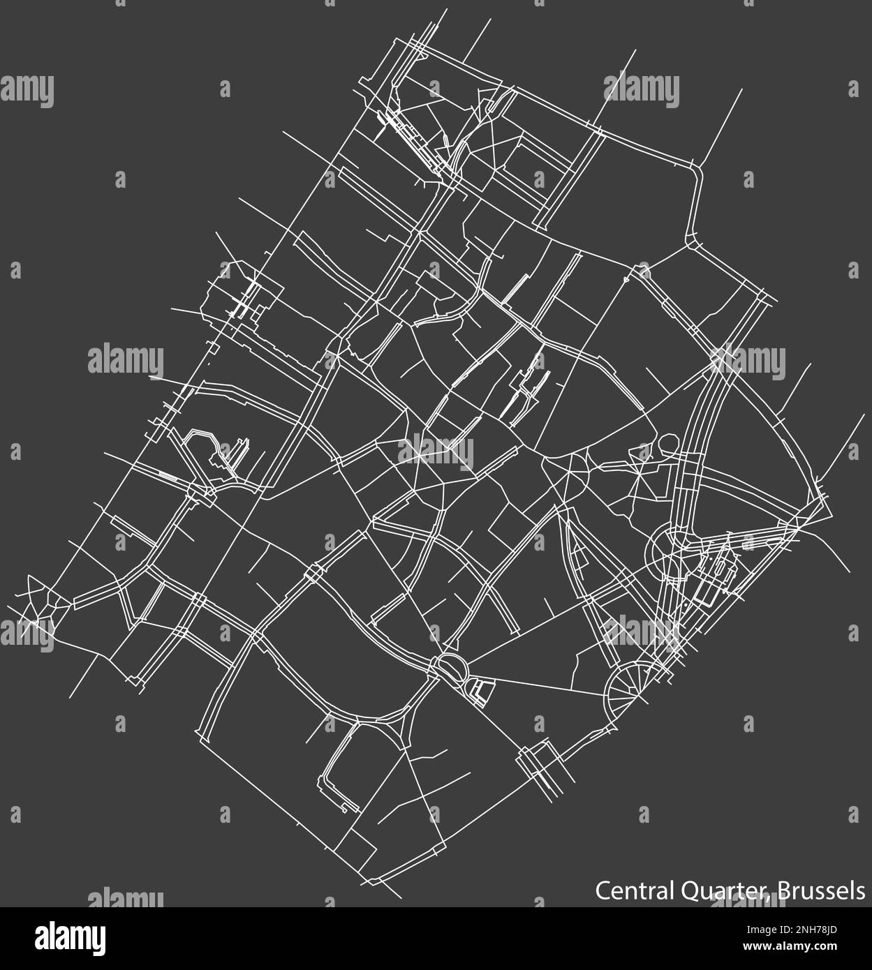 Street roads map of the CENTRAL QUARTER (QUARTIER DU CENTRE, CENTRUMWIJK), BRUSSELS Stock Vector