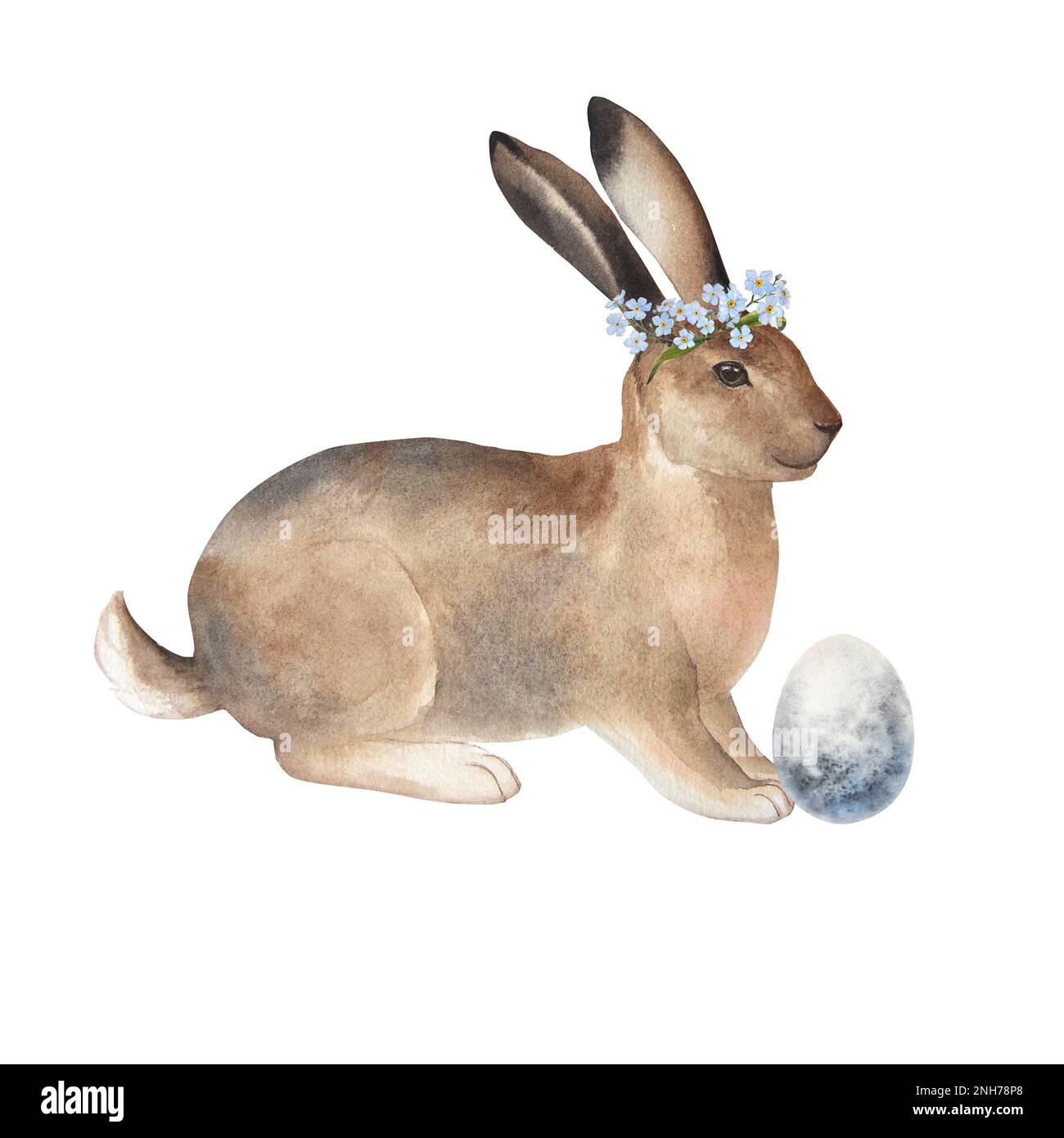 Watercolor illustration of cute rabbit with easter egg and wreath of ...