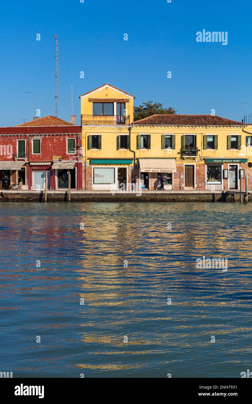 Murano Glass shop and shops on waterfront at Murano, Venice, Italy in February Stock Photo