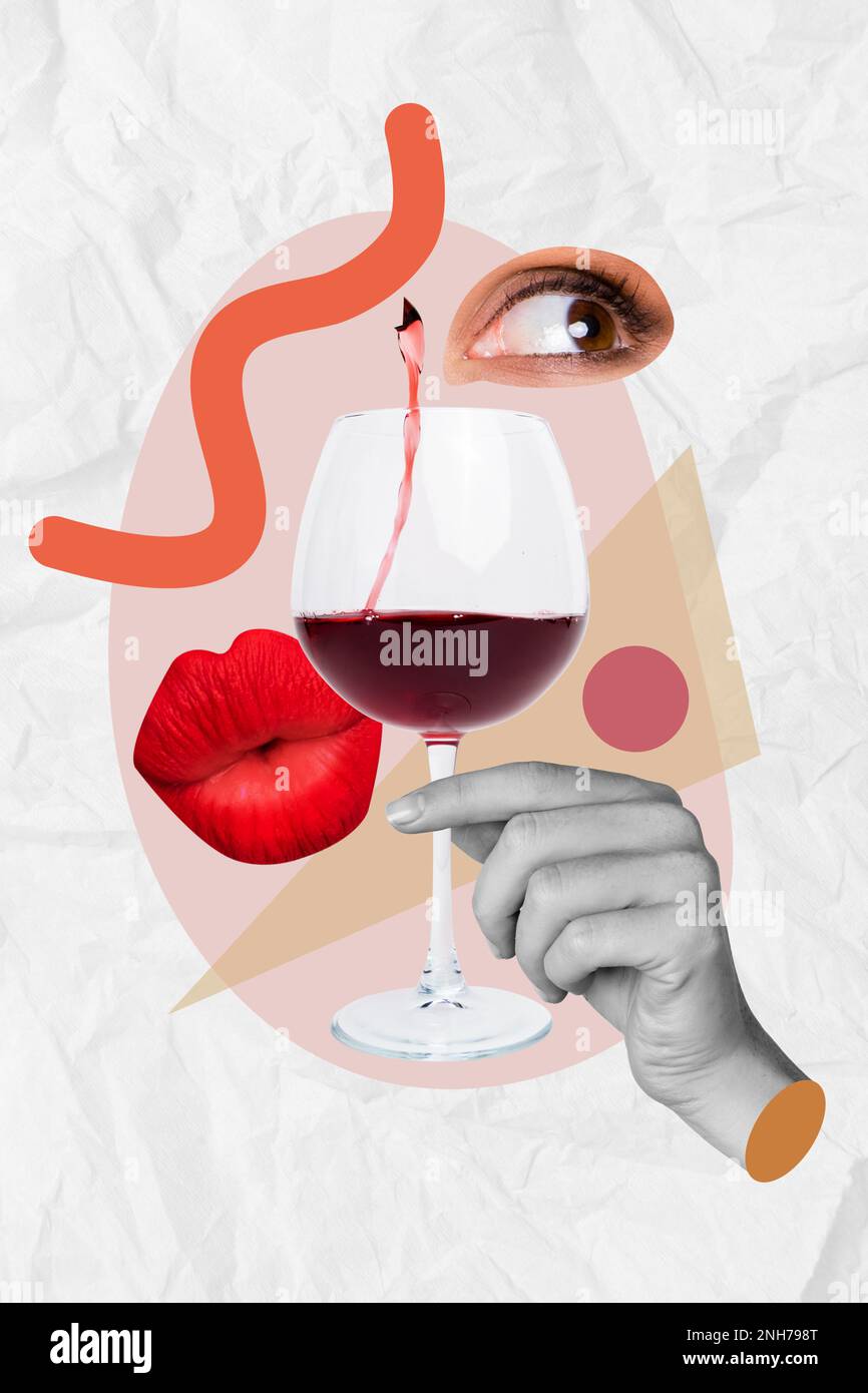 Collage artwork photo of woman eyes pouted red flirty lips drinking