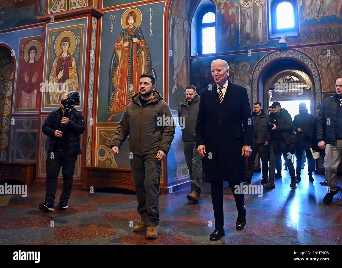 Kyiv, Ukraine. 20th Feb, 2023. US President Joe Biden (R) and his Ukrainian Counterpart Volodymyr Zelensky (L) visit St. Michael's Golden-Domed Cathedral during an unannounced visit, on February 20, 2023 in Kyiv, Ukraine. The US President Joe Biden made his first unannounced wartime visit to Ukraine, in a show of support ahead of the one-year anniversary of Russia's invasion on February 24. Photo by Ukrainian Orthodox Church (OCU)/ Credit: UPI/Alamy Live News Stock Photo