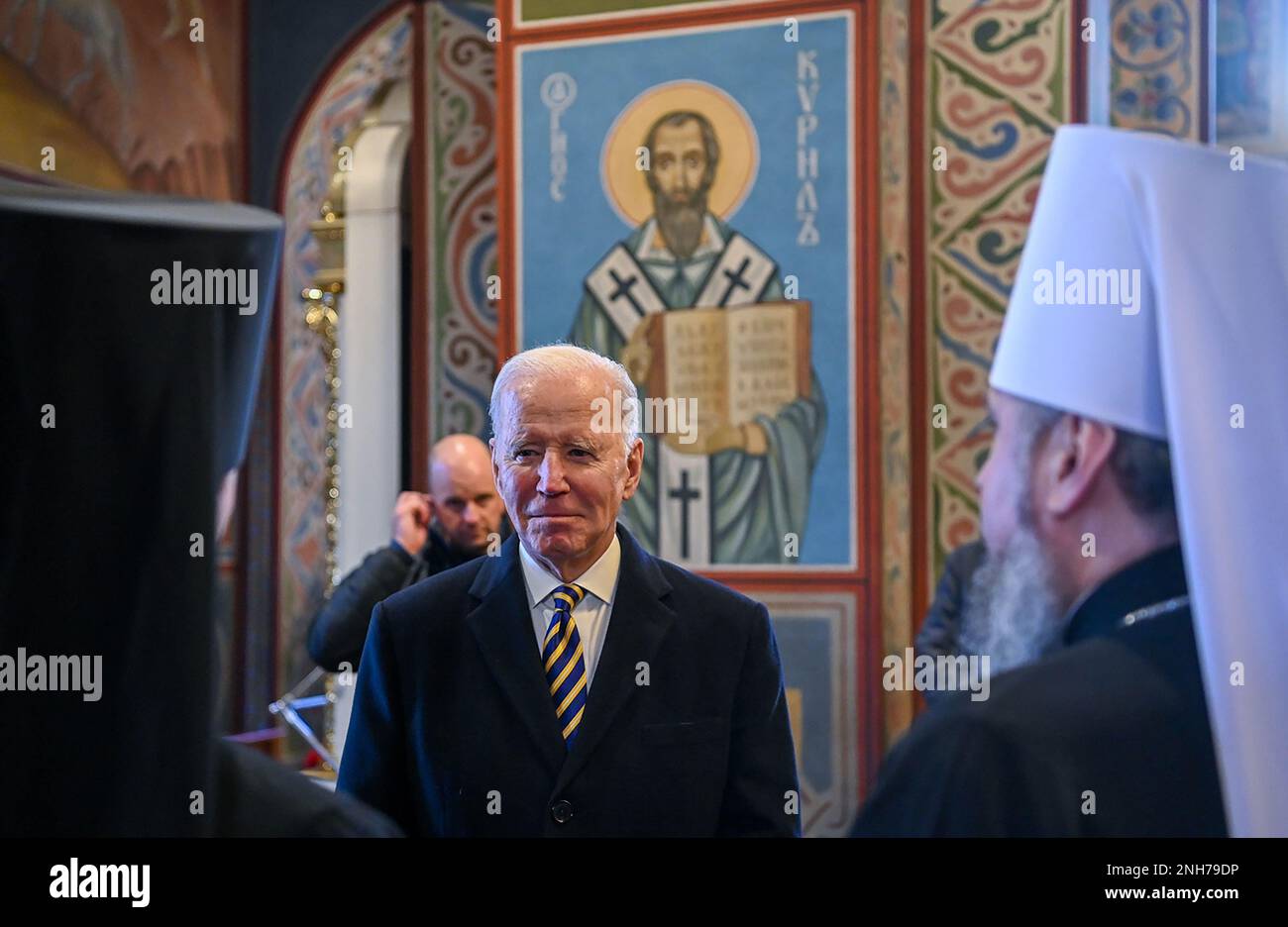 Kyiv, Ukraine. 20th Feb, 2023. US President Joe Biden and his Ukrainian Counterpart Volodymyr Zelensky (not seen) meet with priests at St. Michael's Golden-Domed Cathedral during an unannounced visit, on February 20, 2023 in Kyiv, Ukraine. The US President Joe Biden made his first unannounced wartime visit to Ukraine, in a show of support ahead of the one-year anniversary of Russia's invasion on February 24. Photo by Ukrainian Orthodox Church (OCU)/ Credit: UPI/Alamy Live News Stock Photo